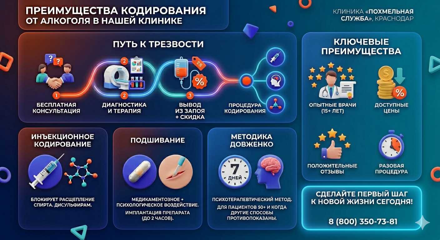 Инфографика о методах кодирования от алкоголя в Леникенте: инъекции, подшивание, метод Довженко. Преимущества клиники и этапы лечения.