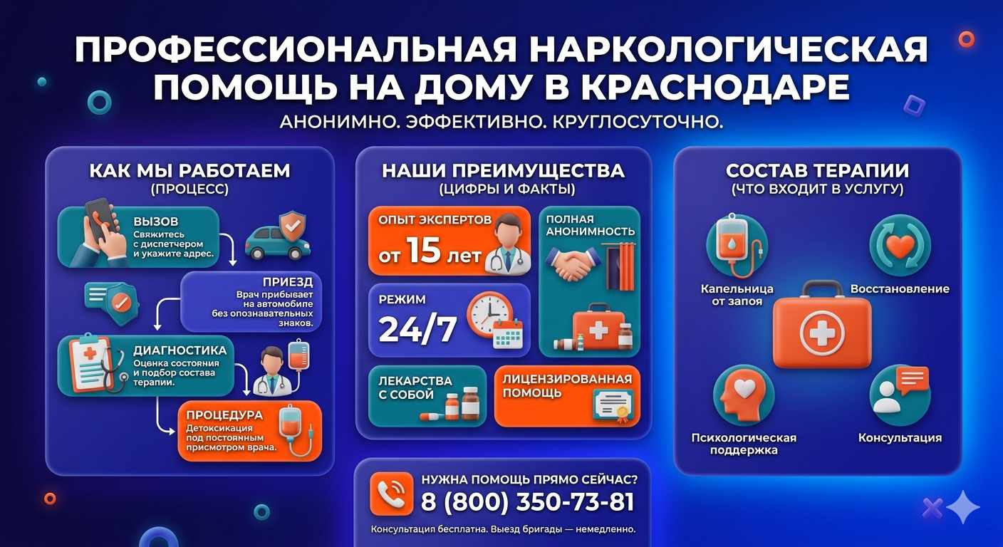 Инфографика о принципах лечения алкоголизма на дому в Леникенте: этапы вызова нарколога, преимущества анонимной детоксикации и состав медицинской помощи.
